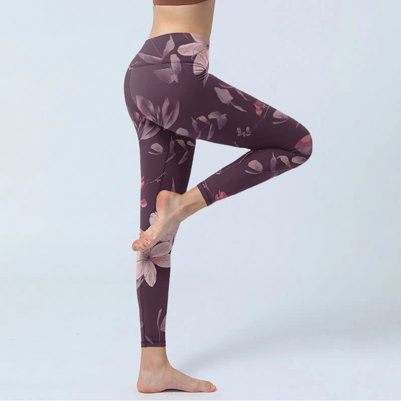 Leggings da palestra fitness con stampa di fiori bianchi viola Buddha Stones , pantaloni da yoga da donna - Image 4