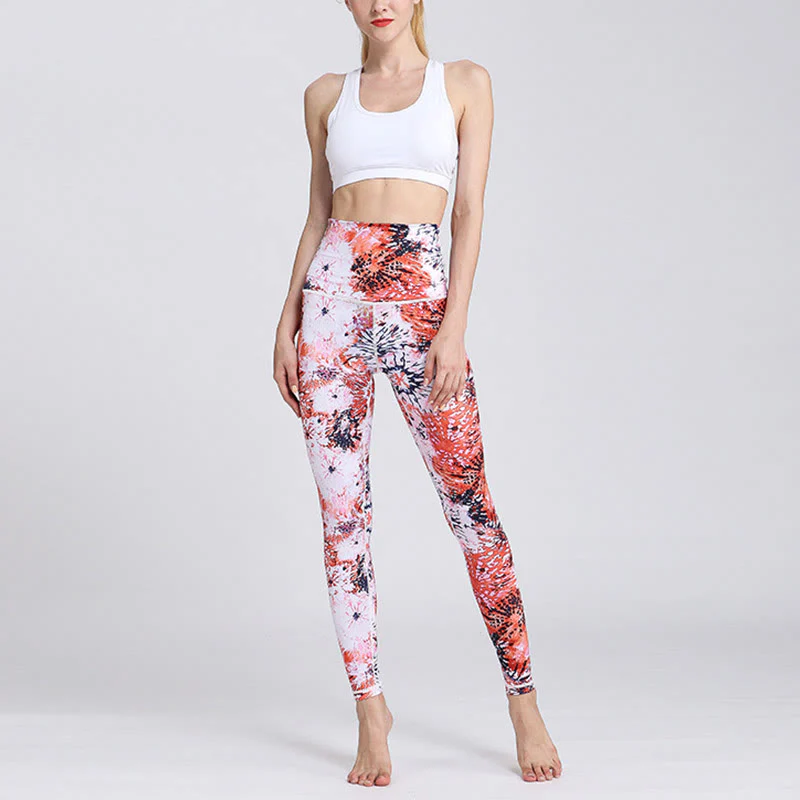 Leggings da yoga a vita alta con stampa di fiori rosa rossi Buddha Stones, pantaloni da yoga da donna - Image 5