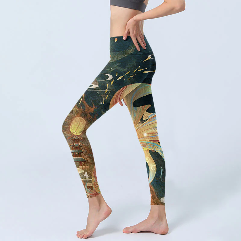 Leggings da yoga da donna con lanterna volante a forma di torre di pesce koi grigio ardesia scuro Buddha Stones - Image 3