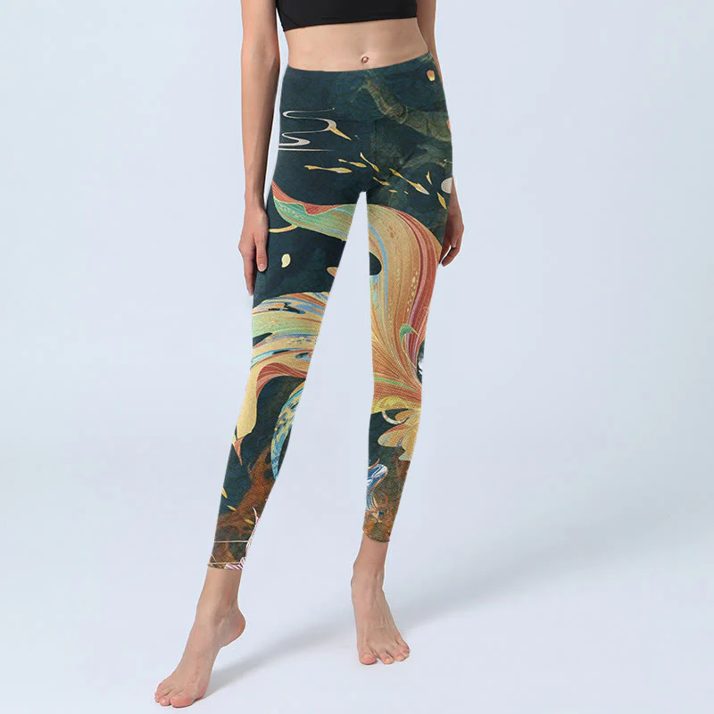 Leggings da yoga da donna con lanterna volante a forma di torre di pesce koi grigio ardesia scuro Buddha Stones - Image 6