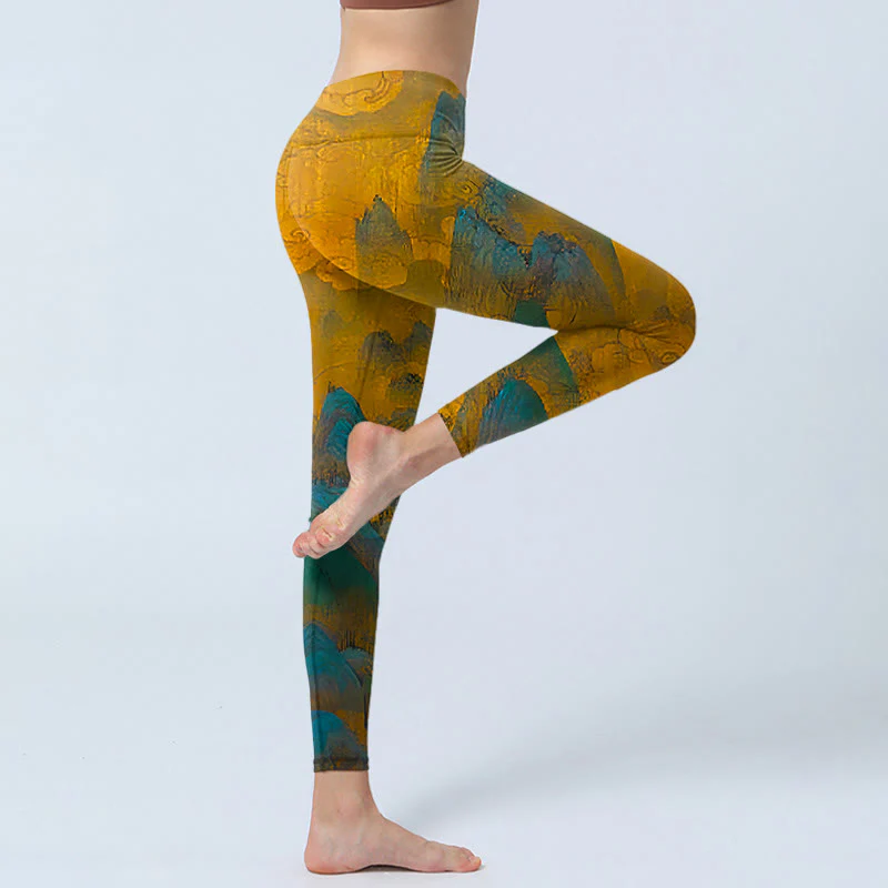 Leggings fitness Buddha Stones Dark Goldenrod Mountain Print Pantaloni da yoga da donna - Image 4