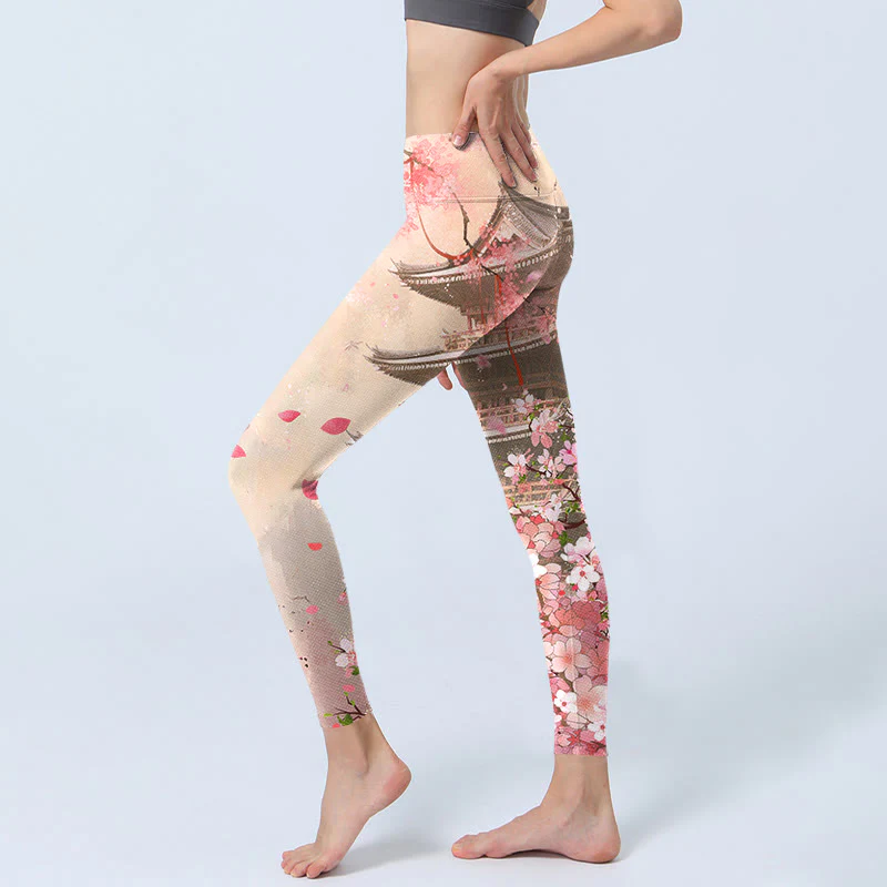 Leggings fitness con stampa Buddha Stones Pink Sakura Antique Building, pantaloni da yoga da donna - Image 3