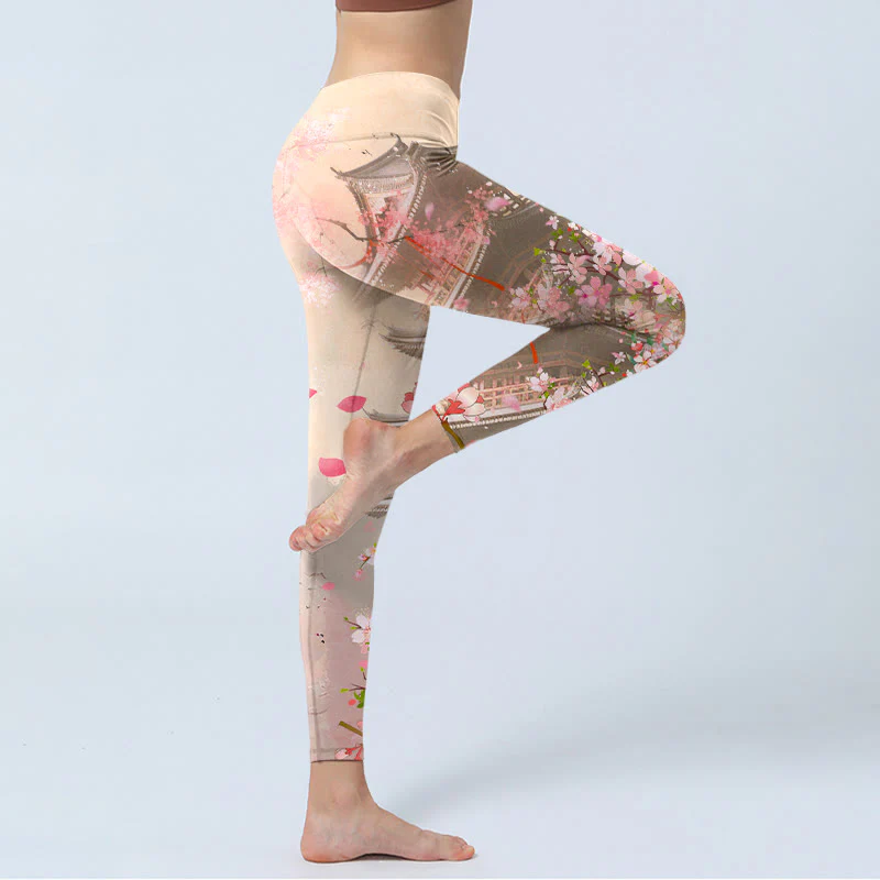Leggings fitness con stampa Buddha Stones Pink Sakura Antique Building, pantaloni da yoga da donna - Image 4