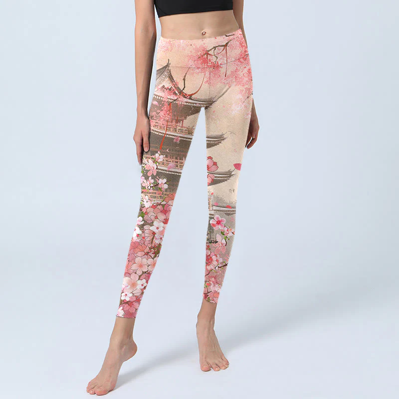 Leggings fitness con stampa Buddha Stones Pink Sakura Antique Building, pantaloni da yoga da donna - Image 6
