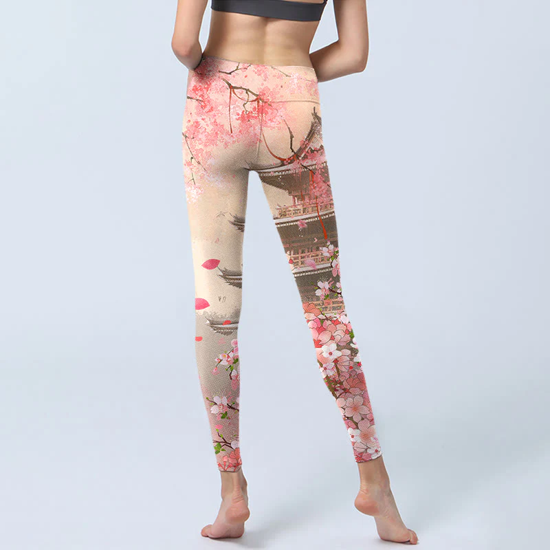 Leggings fitness con stampa Buddha Stones Pink Sakura Antique Building, pantaloni da yoga da donna - Image 7