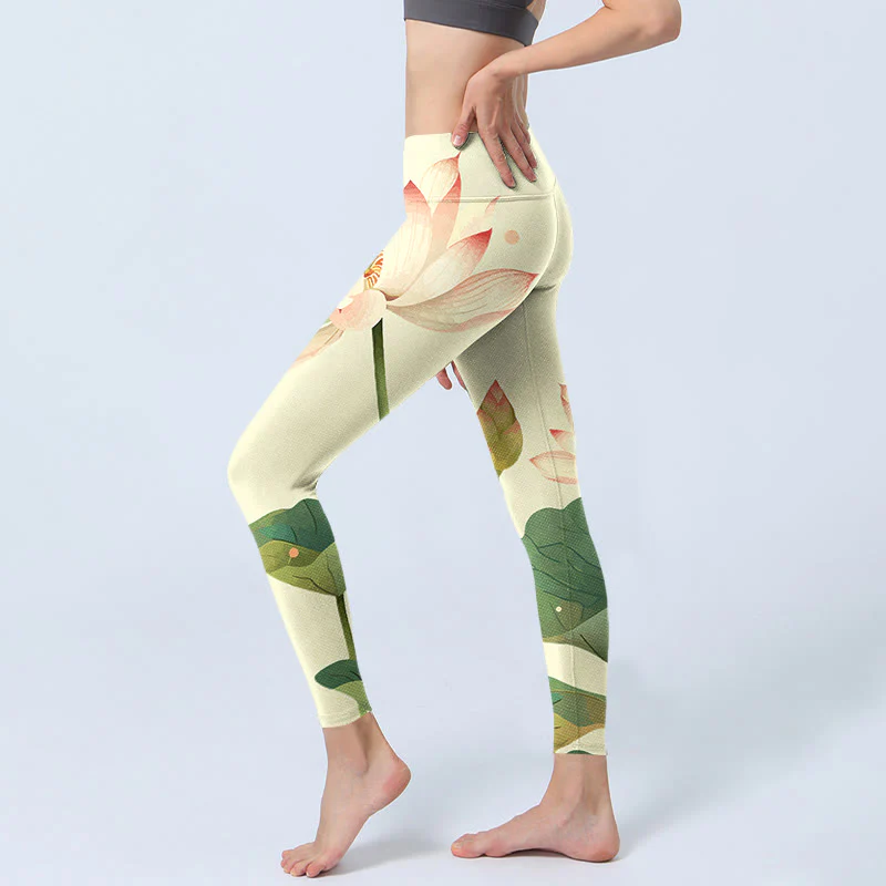 Leggings fitness con stampa di fiori di Buddha Stones , foglie e libellule, pantaloni da yoga da donna - Image 4