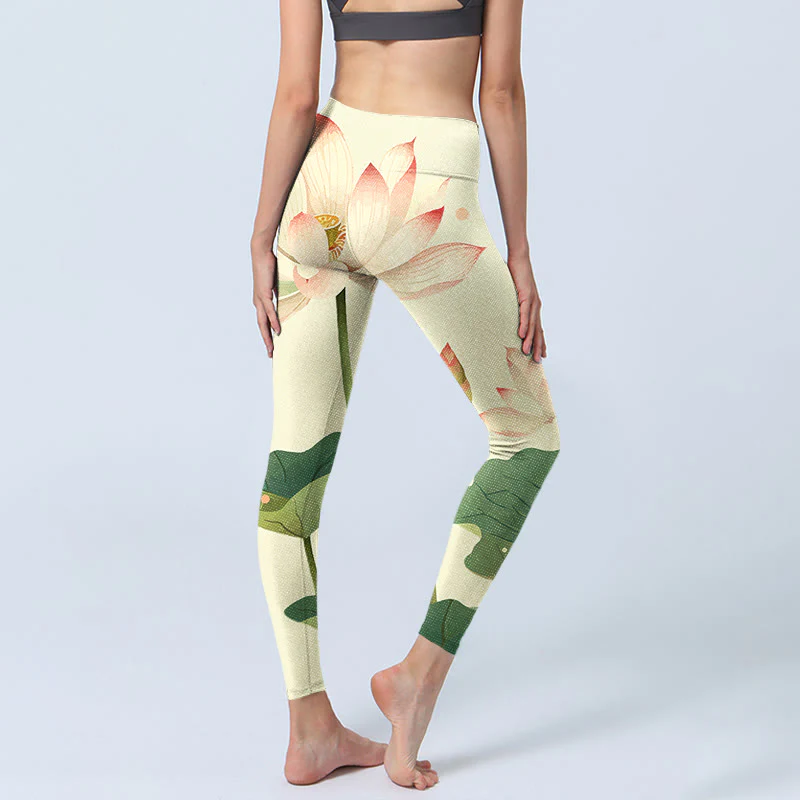 Leggings fitness con stampa di fiori di Buddha Stones , foglie e libellule, pantaloni da yoga da donna - Image 6