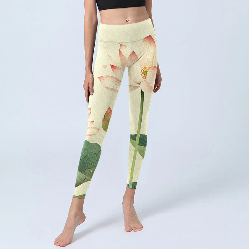 Leggings fitness con stampa di fiori di Buddha Stones , foglie e libellule, pantaloni da yoga da donna - Image 7