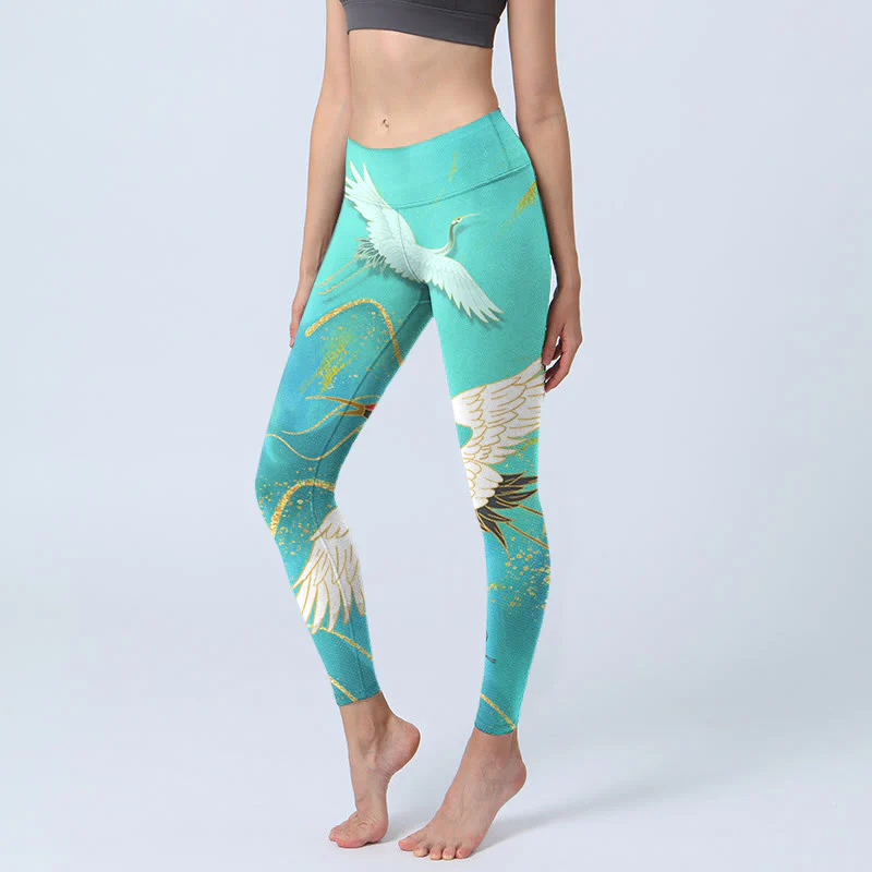 Leggings fitness con stampa di gru di montagna verde menta Buddha Stones Pantaloni da yoga da donna