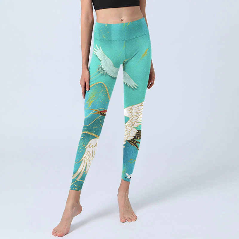 Leggings fitness con stampa di gru di montagna verde menta Buddha Stones Pantaloni da yoga da donna - Image 7