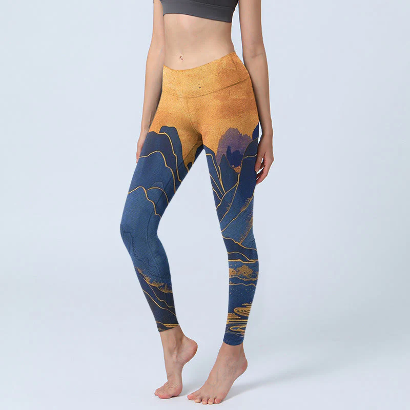 Leggings fitness con stampa tramonto montagna blu scuro Buddha Stones Pantaloni yoga da donna