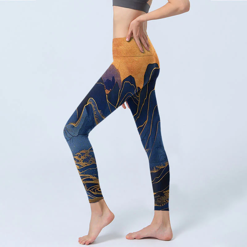 Leggings fitness con stampa tramonto montagna blu scuro Buddha Stones Pantaloni yoga da donna - Image 3