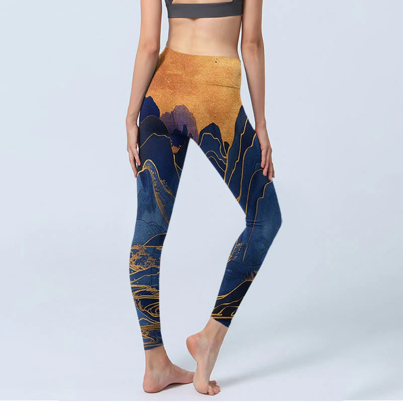 Leggings fitness con stampa tramonto montagna blu scuro Buddha Stones Pantaloni yoga da donna - Image 4