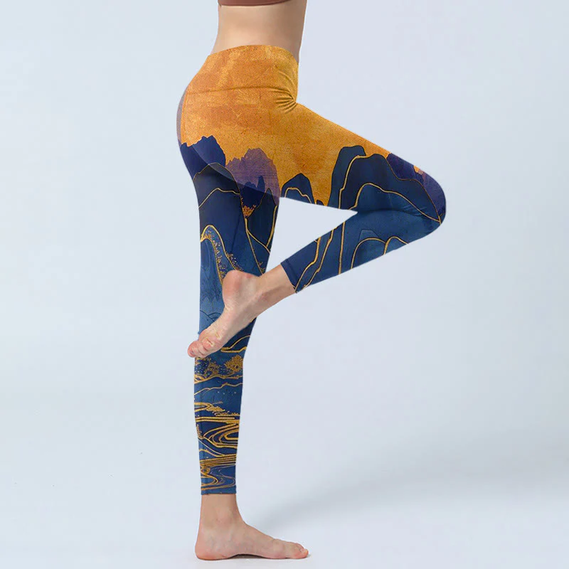 Leggings fitness con stampa tramonto montagna blu scuro Buddha Stones Pantaloni yoga da donna - Image 5