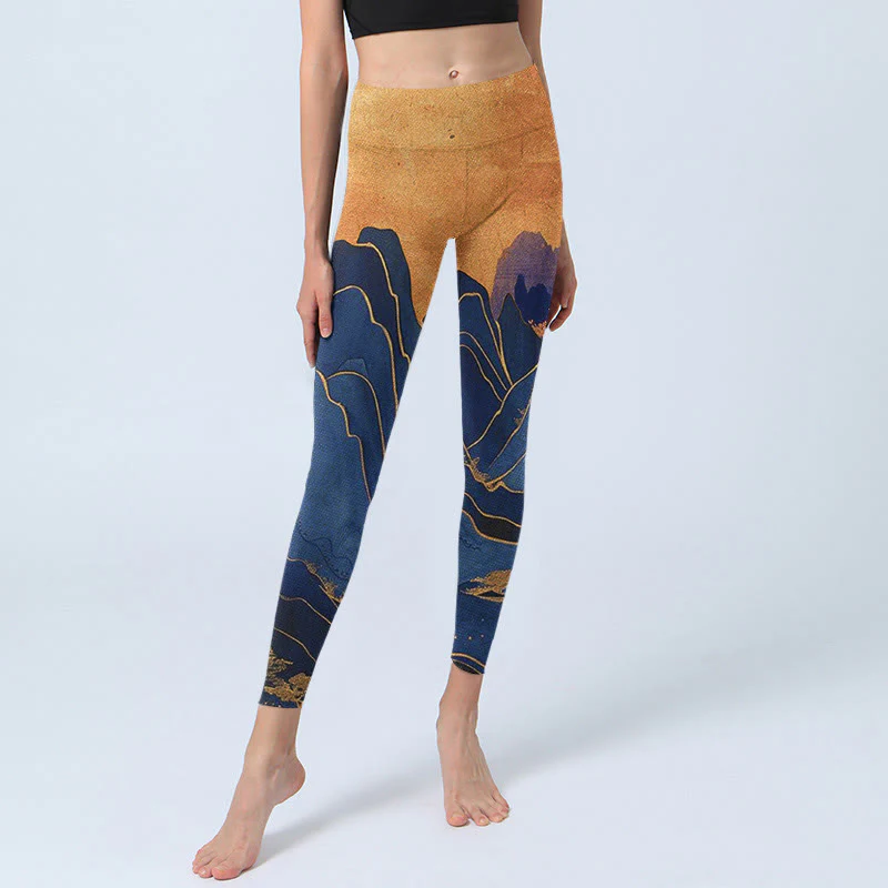 Leggings fitness con stampa tramonto montagna blu scuro Buddha Stones Pantaloni yoga da donna - Image 6