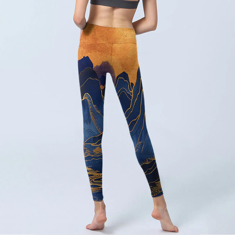 Leggings fitness con stampa tramonto montagna blu scuro Buddha Stones Pantaloni yoga da donna - Image 7