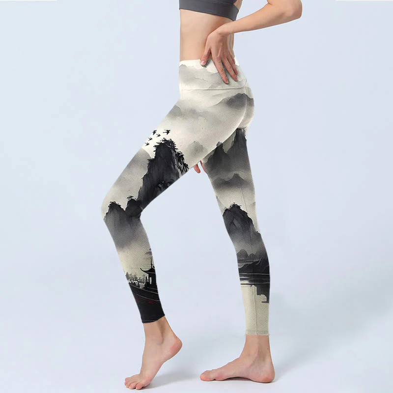 Leggings fitness da donna con stampa di paesaggio con schizzi di inchiostro Buddha Stones , pantaloni da yoga - Image 4