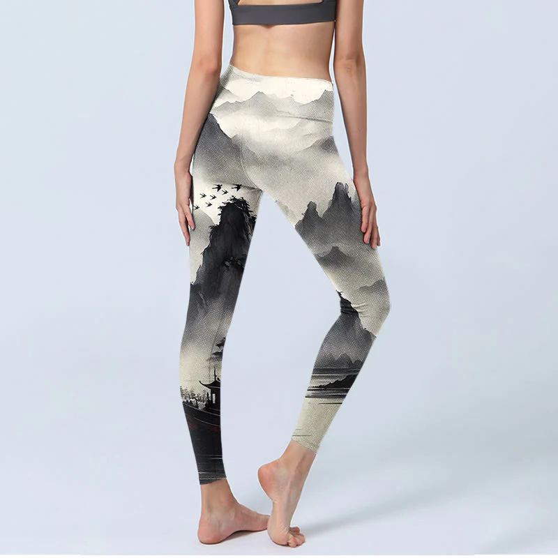 Leggings fitness da donna con stampa di paesaggio con schizzi di inchiostro Buddha Stones , pantaloni da yoga - Image 5