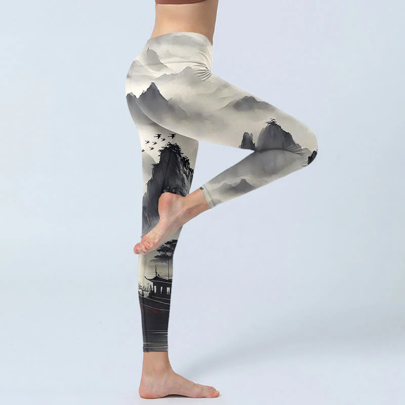 Leggings fitness da donna con stampa di paesaggio con schizzi di inchiostro Buddha Stones , pantaloni da yoga - Image 6