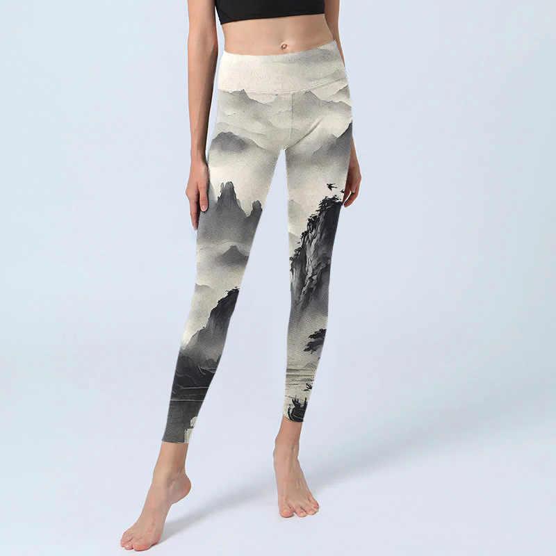 Leggings fitness da donna con stampa di paesaggio con schizzi di inchiostro Buddha Stones , pantaloni da yoga - Image 7