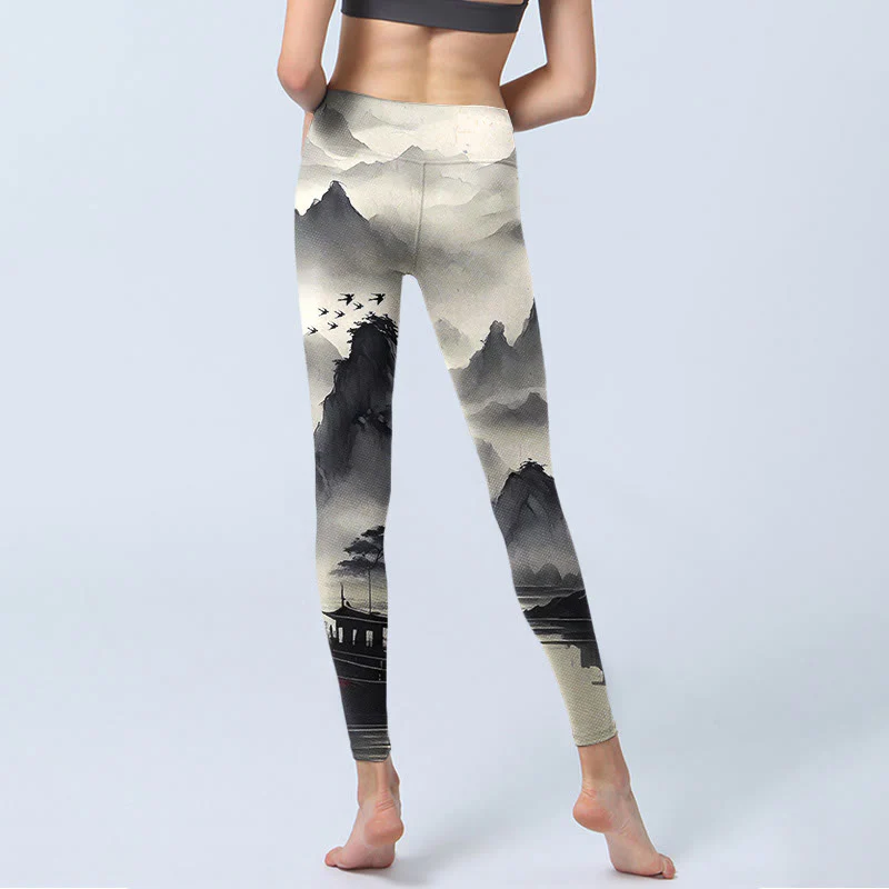 Leggings fitness da donna con stampa di paesaggio con schizzi di inchiostro Buddha Stones , pantaloni da yoga - Image 8