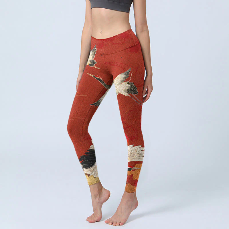 Leggings fitness in tessuto lycra con stampa di gru Buddha Stones, pantaloni da yoga da donna
