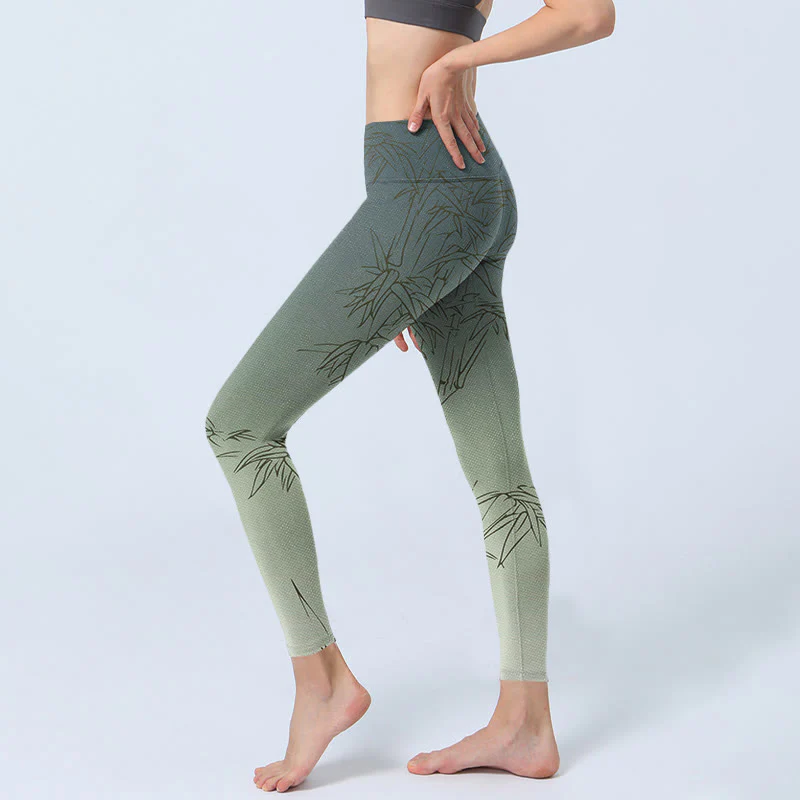 Leggings sportivi con stampa di foglie di bambù Buddha Stones, pantaloni da yoga da donna - Image 3