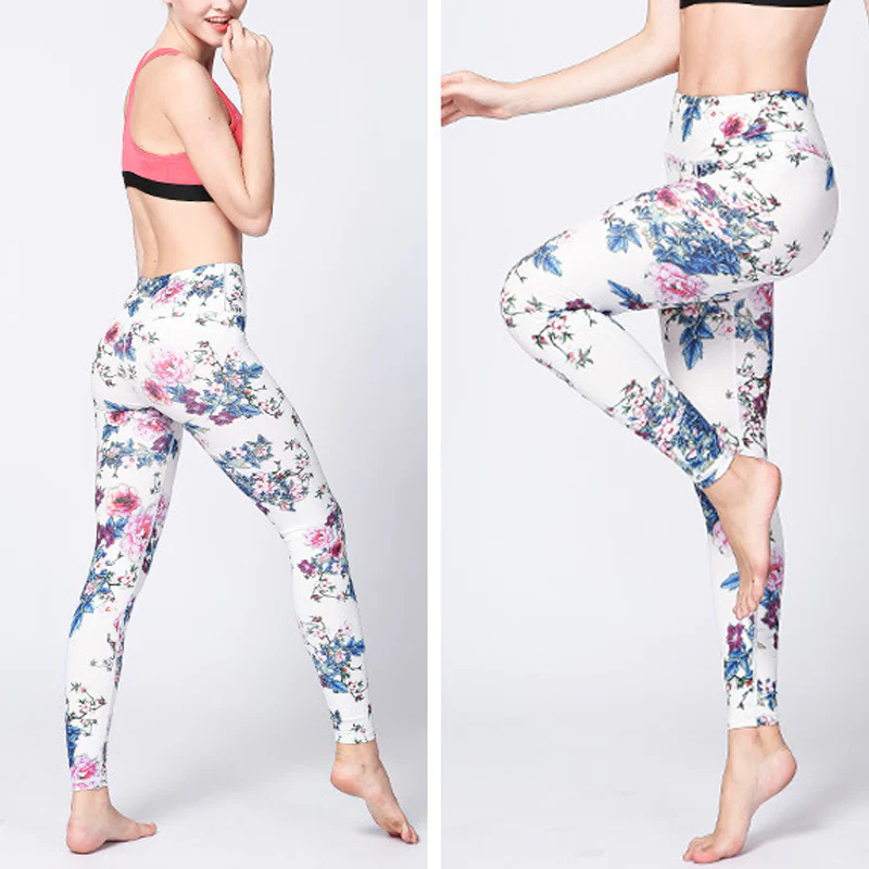 Leggings sportivi da donna con stampa di inchiostro bianco e fiori rosa , Buddha Stones, pantaloni da yoga e fitness - Image 3