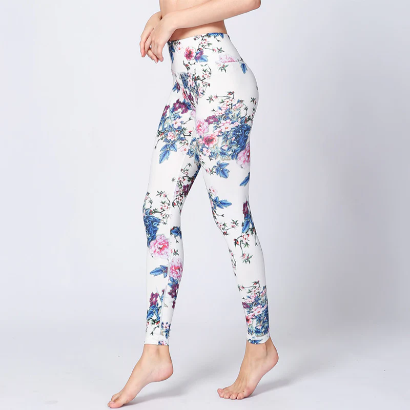 Leggings sportivi da donna con stampa di inchiostro bianco e fiori rosa , Buddha Stones, pantaloni da yoga e fitness - Image 4
