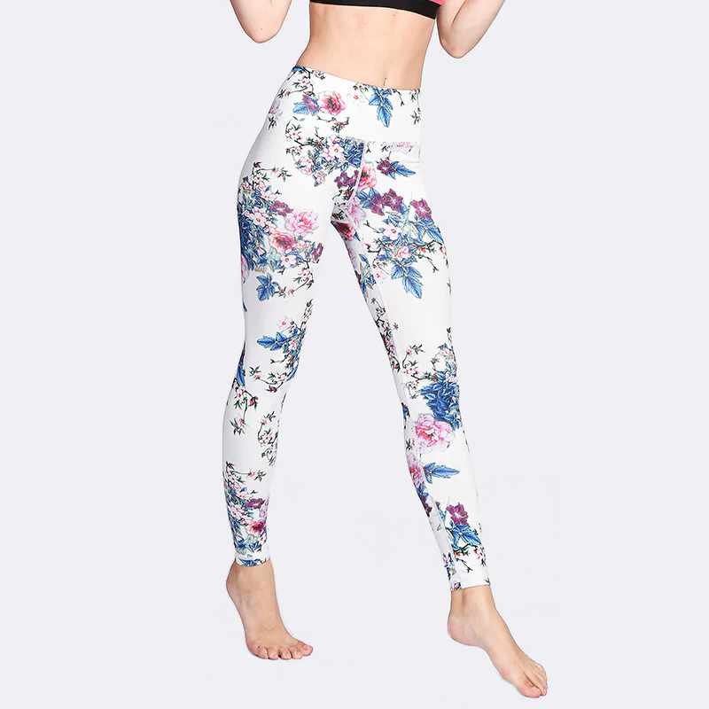 Leggings sportivi da donna con stampa di inchiostro bianco e fiori rosa , Buddha Stones, pantaloni da yoga e fitness - Image 5