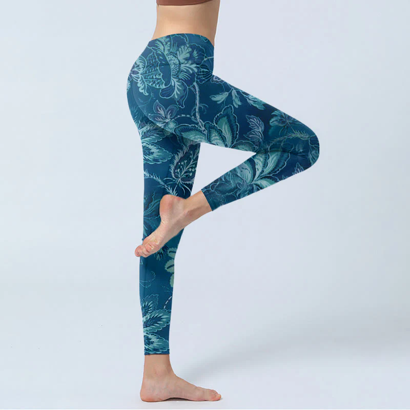 Leggings sportivi da fitness con stampa di fiori blu e Buddha Stones, pantaloni da yoga da donna - Image 4