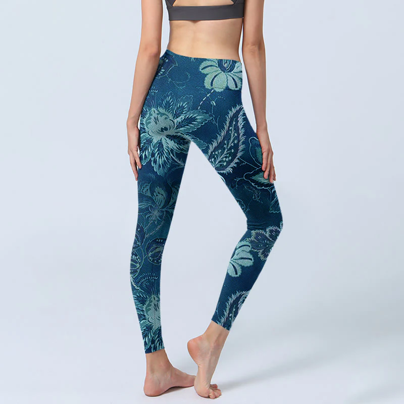 Leggings sportivi da fitness con stampa di fiori blu e Buddha Stones, pantaloni da yoga da donna - Image 5