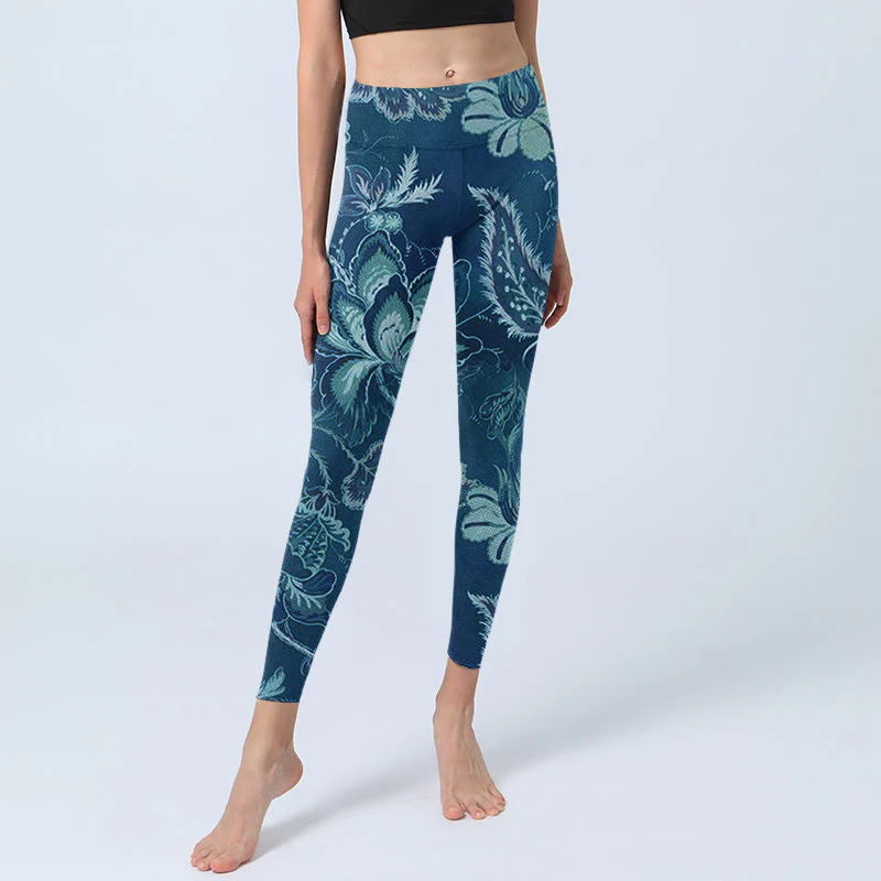 Leggings sportivi da fitness con stampa di fiori blu e Buddha Stones, pantaloni da yoga da donna - Image 6