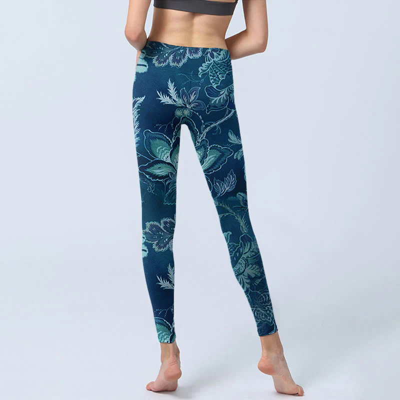 Leggings sportivi da fitness con stampa di fiori blu e Buddha Stones, pantaloni da yoga da donna - Image 7