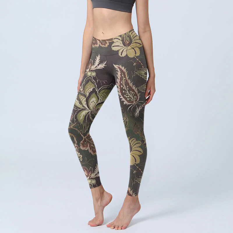 Leggings sportivi da fitness con stampa floreale e Buddha Stones, pantaloni da yoga da donna
