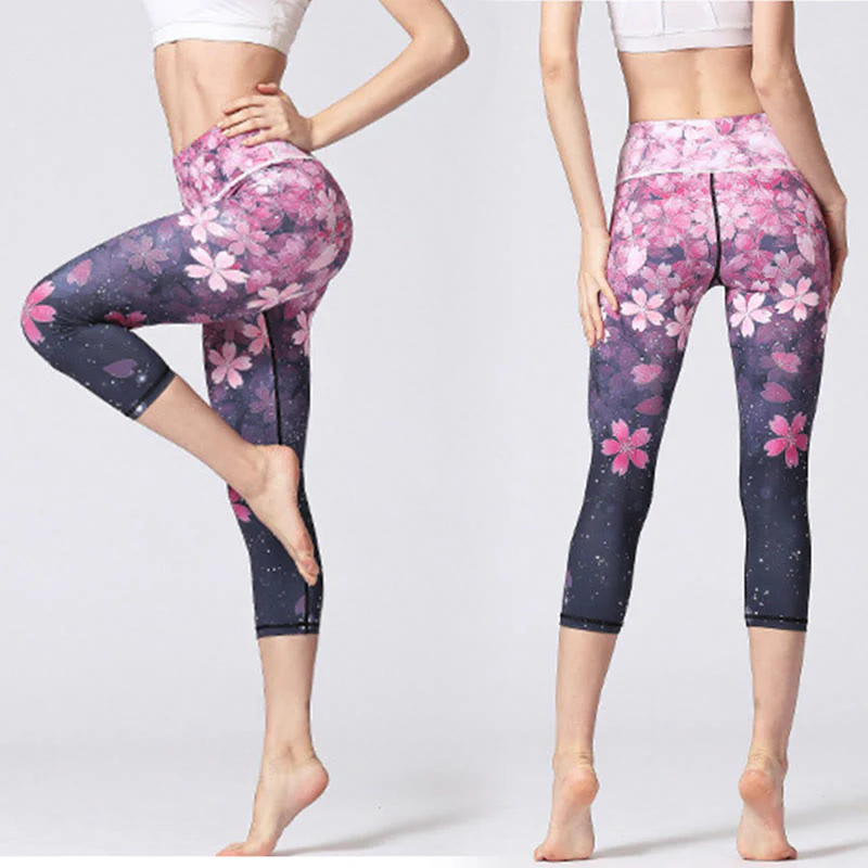 Leggings sportivi da yoga con stampa Buddha Stones Cherry Blossoms Sakura Lines Pantaloni capri da yoga da donna - Image 5