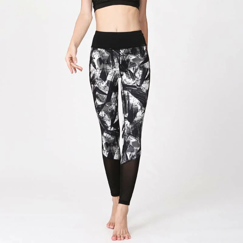 Leggings sportivi in rete da fitness, pantaloni da yoga da donna, con stampa di linee di pennello e inchiostro nero e pietre Buddha Stones