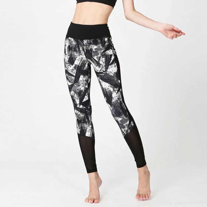 Leggings sportivi in rete da fitness, pantaloni da yoga da donna, con stampa di linee di pennello e inchiostro nero e pietre Buddha Stones - Image 3
