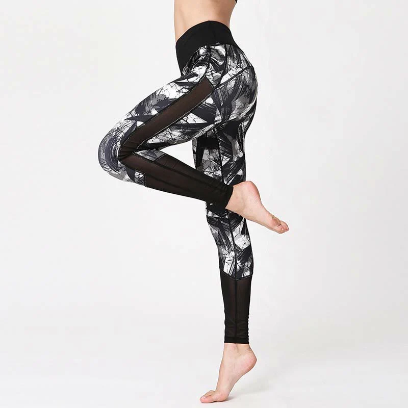 Leggings sportivi in rete da fitness, pantaloni da yoga da donna, con stampa di linee di pennello e inchiostro nero e pietre Buddha Stones - Image 4