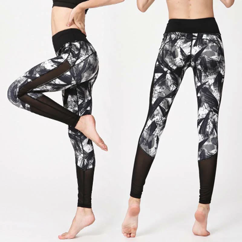 Leggings sportivi in rete da fitness, pantaloni da yoga da donna, con stampa di linee di pennello e inchiostro nero e pietre Buddha Stones - Image 5