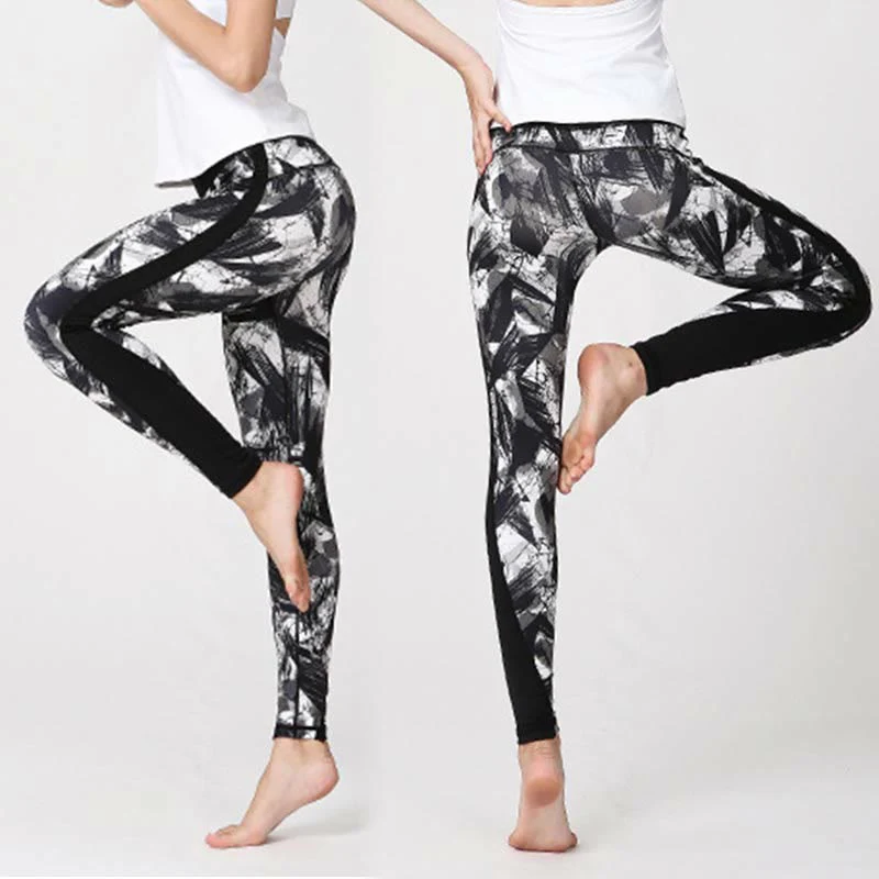 Leggings sportivi in rete da fitness, pantaloni da yoga da donna, con stampa di linee di pennello e inchiostro nero e pietre Buddha Stones - Image 7