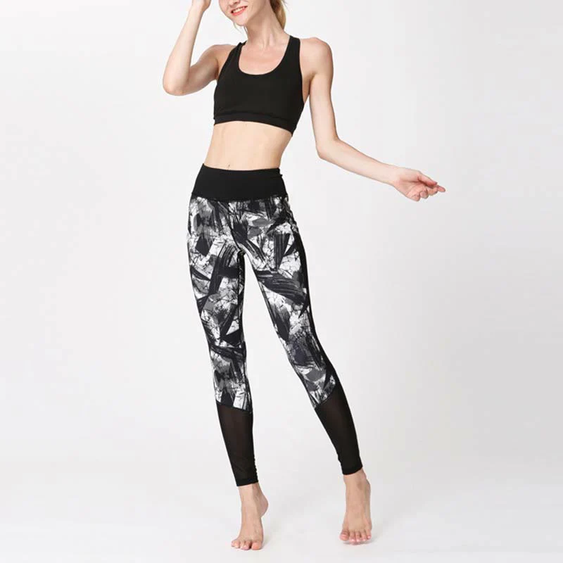 Leggings sportivi in rete da fitness, pantaloni da yoga da donna, con stampa di linee di pennello e inchiostro nero e pietre Buddha Stones - Image 9