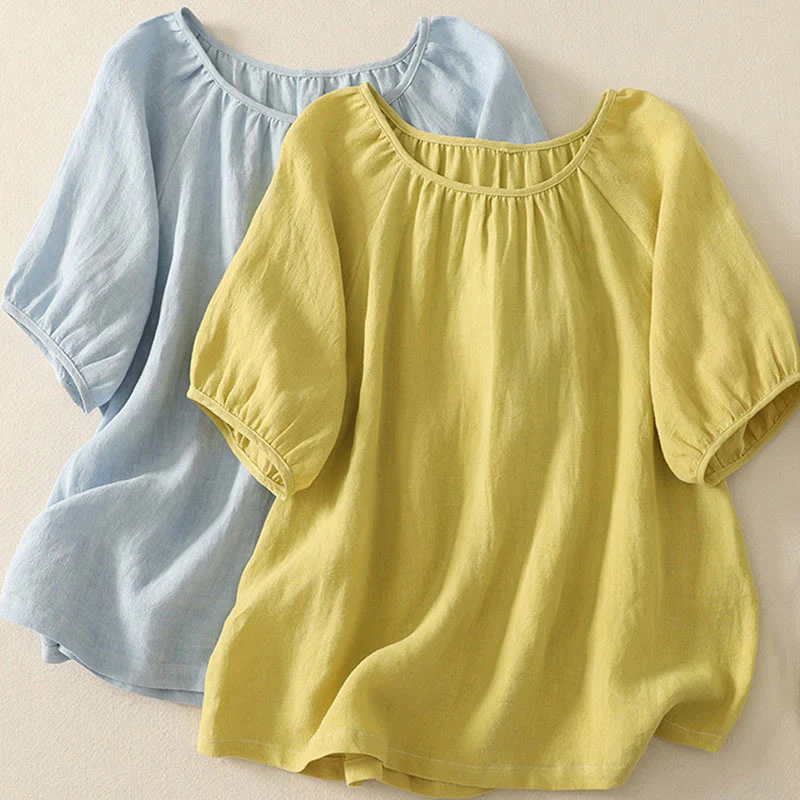 Maglietta a maniche corte da donna in cotone con scollo a giro casual estivo e tinta unita Buddha Stones - Image 12