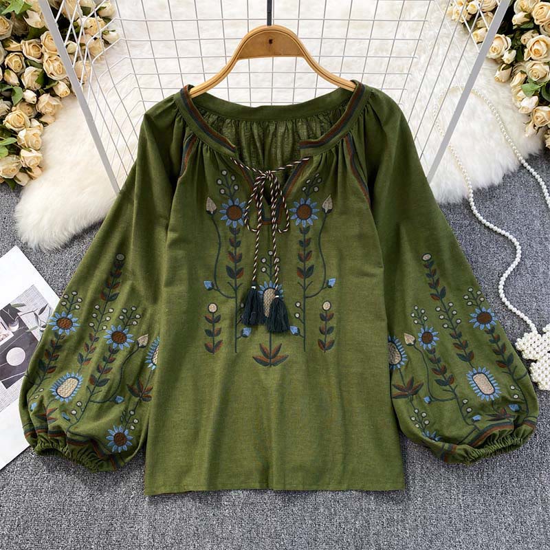 Maglietta casual da donna in cotone e lino con scollo rotondo e motivo a fiori e foglie con ricamo Buddha Stones