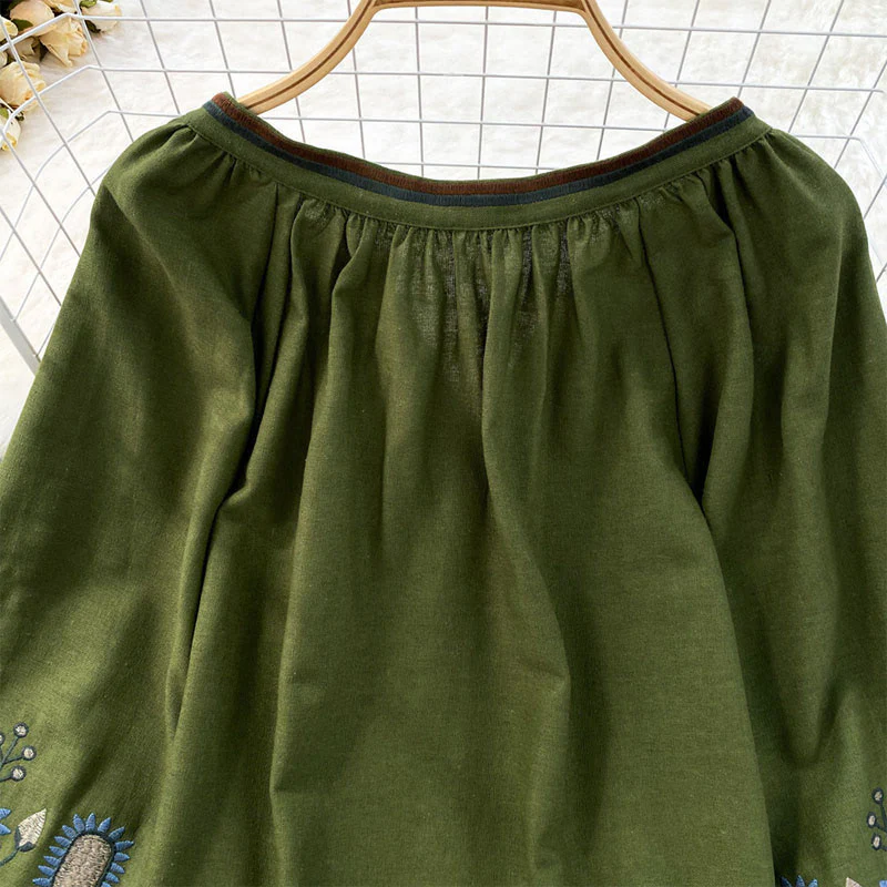 Maglietta casual da donna in cotone e lino con scollo rotondo e motivo a fiori e foglie con ricamo Buddha Stones - Image 11