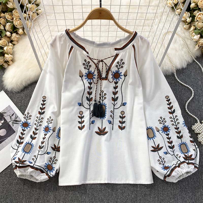 Maglietta casual da donna in cotone e lino con scollo rotondo e motivo a fiori e foglie con ricamo Buddha Stones - Image 12