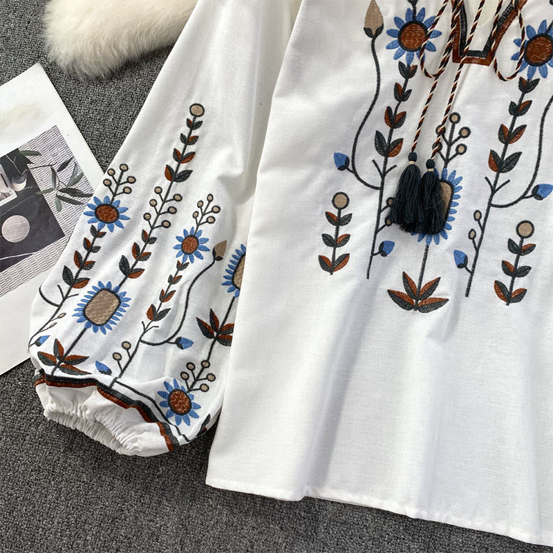 Maglietta casual da donna in cotone e lino con scollo rotondo e motivo a fiori e foglie con ricamo Buddha Stones - Image 14