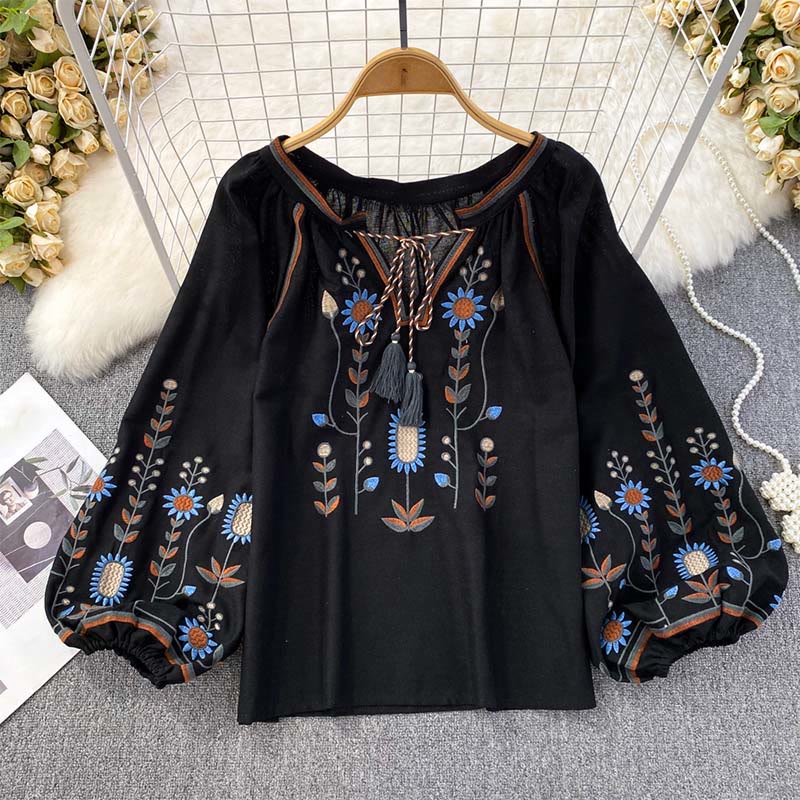 Maglietta casual da donna in cotone e lino con scollo rotondo e motivo a fiori e foglie con ricamo Buddha Stones - Image 16