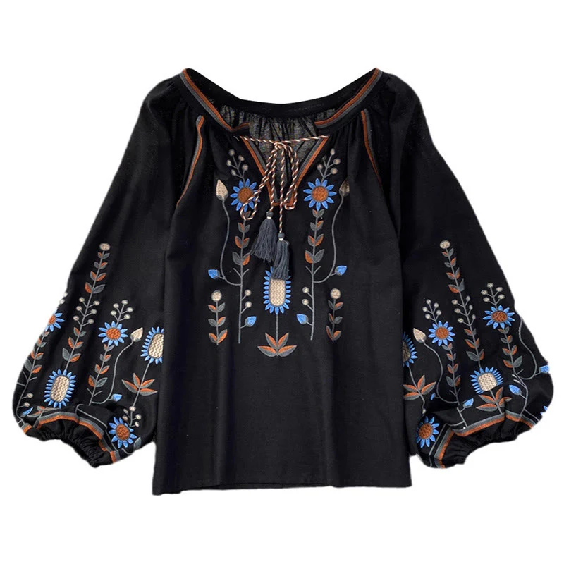 Maglietta casual da donna in cotone e lino con scollo rotondo e motivo a fiori e foglie con ricamo Buddha Stones - Image 17