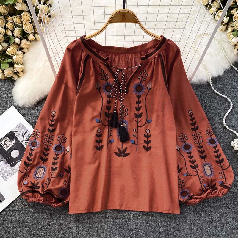 Maglietta casual da donna in cotone e lino con scollo rotondo e motivo a fiori e foglie con ricamo Buddha Stones - Image 18